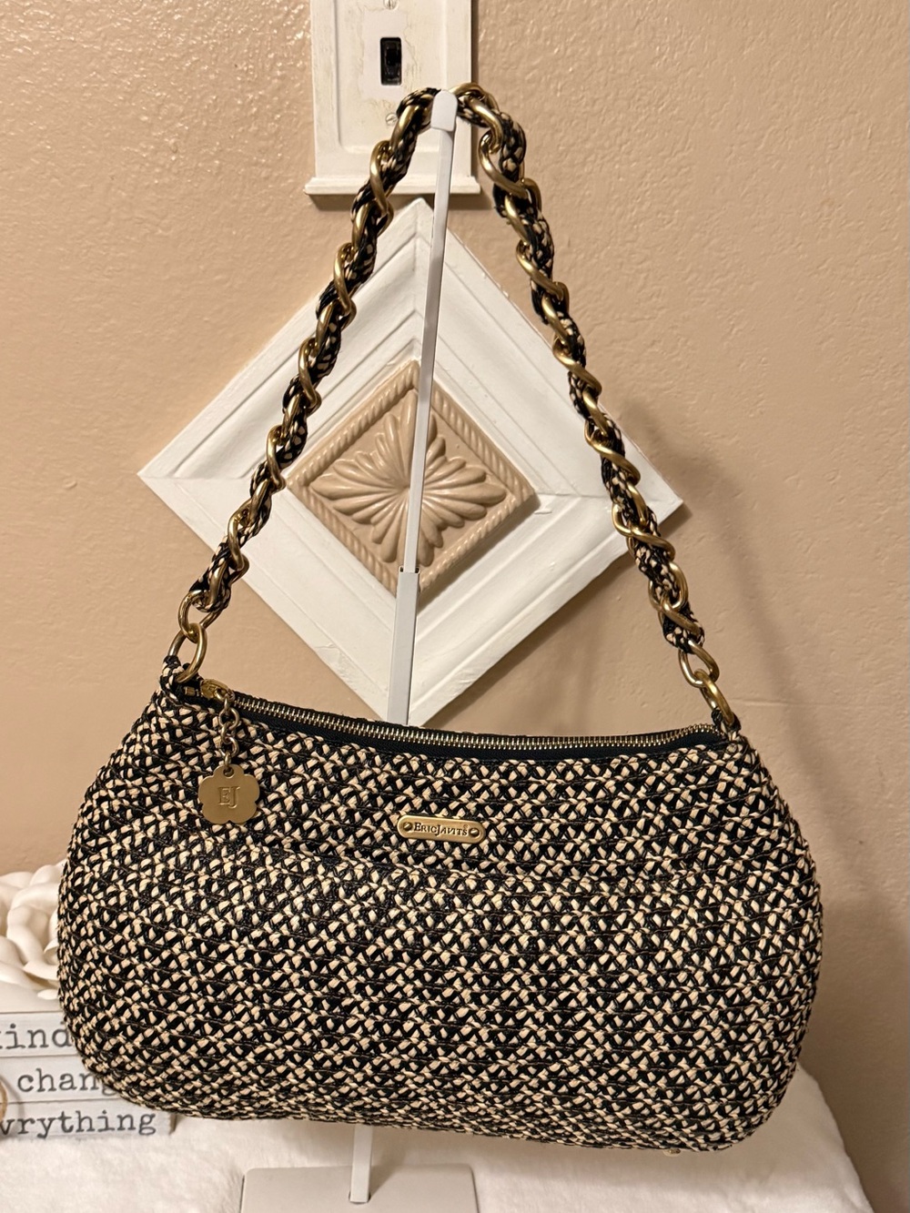 Eric Javits Black and Cream Woven Chain-Handle Hobo Bag